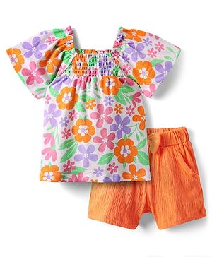 Babyhug Single Jersey Knit Raglan Sleeves Floral Printed Top & Shorts Set - Multicolour