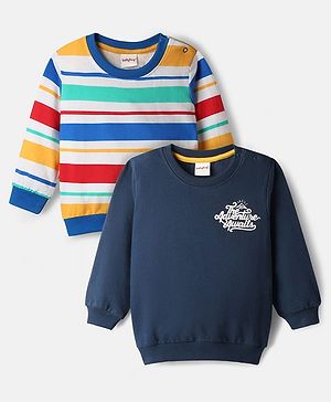 Babyhug 100% Cotton Knit Full Sleeves Striped & Text Printed Sweatshirt Pack Of 2 - Multicolour
