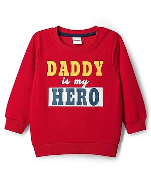 Babyhug Cotton Knit Full Sleeves Sweatshirt With Daddy Is My Hero Text Print - Red