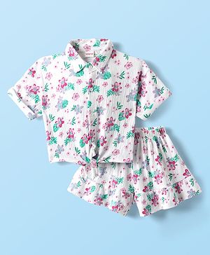 Babyhug Single Jersey Knit Half Sleeves Top & Shorts Set With Floral Print - White
