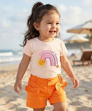 Babyhug 100% Cotton Single Jersey Knit Half Sleeves T-Shirt & twill Shorts Set with Rainbow Print & Bow Applique - Orange