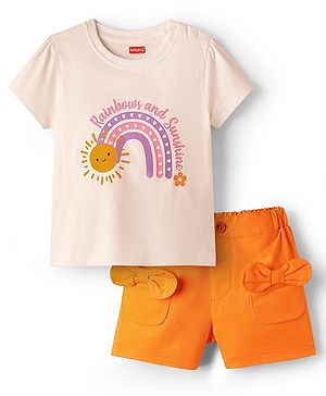 Babyhug Single Jersey Knit Half Sleeves T-Shirt & Shorts Set with Rainbow Print & Bow Applique - Orange