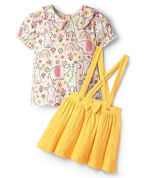 Babyhug Single Jersey Knit Half Puffed Sleeves Top & Skirt Set with Bow Applique & Jungle Theme Print - Yellow