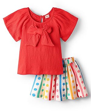 Babyhug Single Jersey Knit Half Raglan Sleeves Top & Skirt Set with Bow Applique & Polka Dots Print - Red