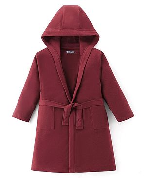 Pine Kids Cotton Knit Full Sleeves Solid Color Hooded  Bath Robe - Maroon