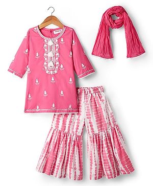 Babyhug Cotton Woven Full Sleeves Kurta Gharara Set With Dupatta & Floral Embroidered - Pink