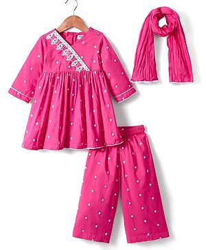 Babyhug Cotton Woven Full Sleeves Embriodered Kurta Pallazo Set With Dupatta - Pink