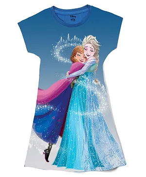 Wear Your Mind Cotton Blend Disney Frozen Featuring Half Sleeves Anna & Elsa Printed Dress - Royal Blue