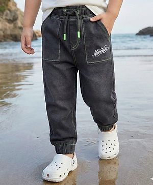 Babyhug Denim Full Length Washed Jeans With Stretch & Text Embriodery - Black