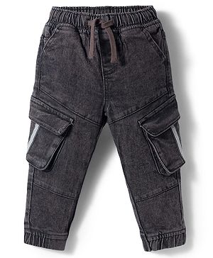 Babyhug Denim Full Length Washed Joggers With Stretch Cut & Sew With Cargo Pockets - Black