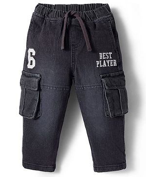 Babyhug Denim Full Length Washed Jogger With Stretch & Text Embroidery - Black