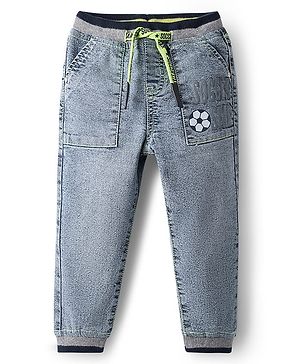Babyhug Denim Full Length Washed Joggers With Stretch & Football Print - Light Blue