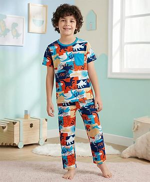 Pine Kids Single Jersey Knit Half Sleeves Co-ords Night Suit with Dino Print - White
