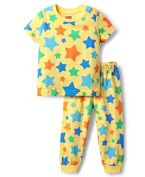 Babyhug Cotton Knit Half Sleeves Co-Ord Night Suit With Stars Print - Yellow