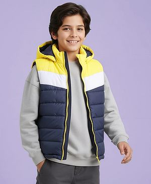 Pine Kids Woven Sleeveless Padded Hooded Jacket With Color Block Design - Navy Blue & Yellow