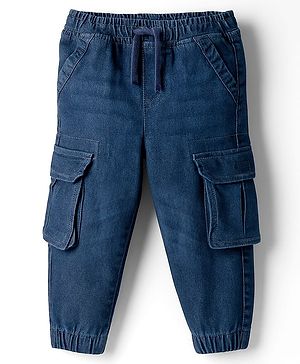 Babyhug Denim Full Length Washed Joggers With Stretch & Cargo Pockets - Blue
