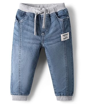 Babyhug Denim Full Length Washed Joggers With Stretch & Patch - Navy Blue