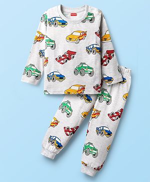 Babyhug Cotton Knit Full Sleeves Co-Ord Night Suit With Vehicles Print - White