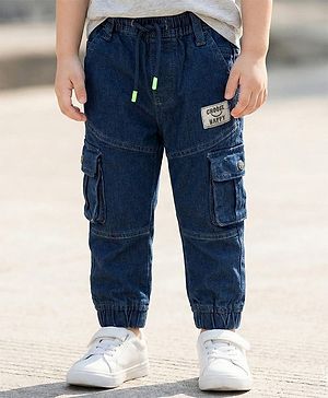 Babyhug Denim Full Length Washed Joggers With Stretch Cut & Sew With Cargo Pockets - Dark Blue