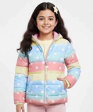 Pine Kids Woven Full Sleeves Hooded Padded Jacket With Star Print - Multicolor