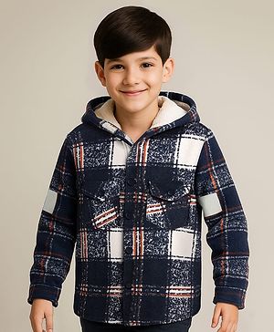 Pine Kids Woven Full Sleeves Hooded Winter Jacket With Checks - Navy Blue