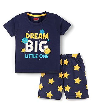 Babyhug Cotton Knit Half Sleeves Shorts Night Suit With Star & Text Print - Navy Blue