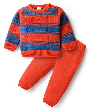 Babyhug Knit Full Sleeves Sweater Set With Stripe Design - Red & Blue