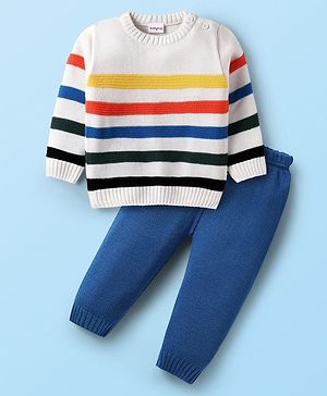 Babyhug Knitted Full Sleeves Sweater Set with Stripe Design - White & Blue