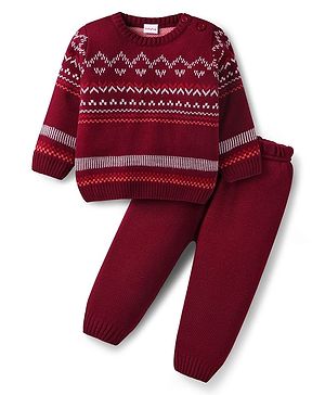 Babyhug Knitted Full Sleeves Sweater Set with Aztec Design - Maroon