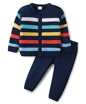 Babyhug Knit Full Sleeves Front Open Striped Sweater Set - Navy Blue
