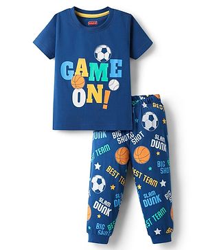 Babyhug Cotton Knit Half Sleeves Night Suit With Text & Football Print - Navy Blue