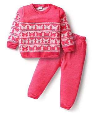 Babyhug Knit Full Sleeves Sweater Set With Butterfly Design - Pink