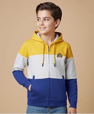 Pine Kids Cotton Knit Full Sleeves Cut & Sew Hooded Sweatjacket with Badge - Yellow Grey & Navy Blue
