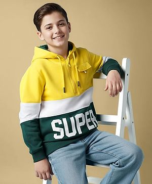 Pine Kids Cotton Knit Full Sleeves Hooded Sweatshirts With Super Text Print - Yellow & Green