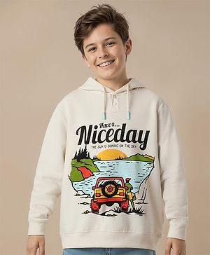 Pine Kids 100% Cotton Full Sleeves Vehicle Printed Hooded Sweatshirt  - Offwhite