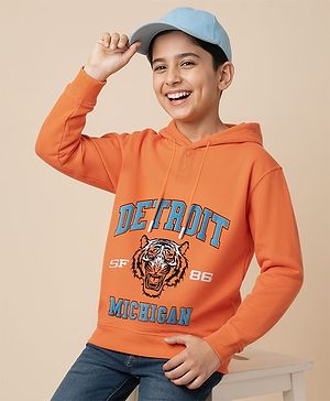 Pine Kids Cotton Knit Full Sleeves Hoodie with Tiger Print - Orange