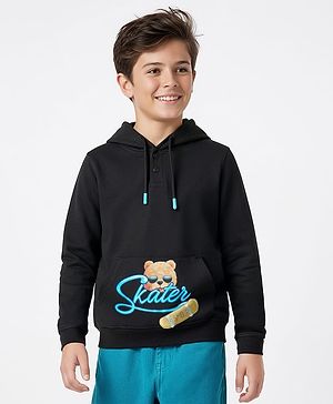 Pine Kids Cotton Knit Full Sleeves Hoodie with Kangaroo Pocket Front & Back Bear Print - Black