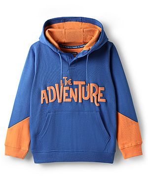 Pine Kids Cotton Knit Full Sleeves Cut & Sew Hooded Sweatshirt with Adventure Text Print & Kangaroo Pockets - Orange & Blue