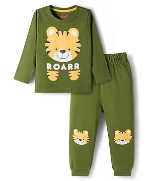 Babyhug Cotton Knit Full Sleeves Night Suit With Tiger Print - Green