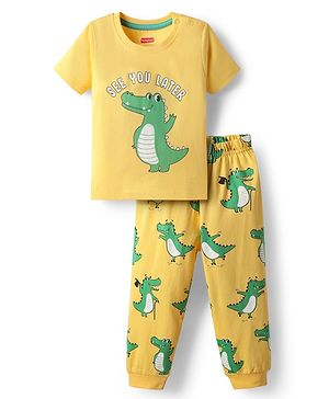 Babyhug Cotton Knit Half Sleeves Night Suit With Dino Print - Yellow