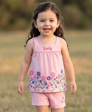 Babyhug Single Jersey Knit Sleeveless Top & Short Set With Floral Print - Pink