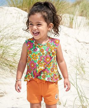 Babyhug Single Jersey Knit Sleeveless Top & Shorts Set With Floral Print - Multicolour