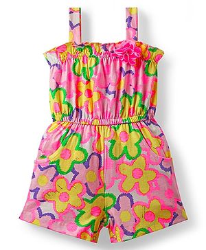 Babyhug Cotton Knit Sleeveless Jumpsuit With Floral Print & Applique - Pink
