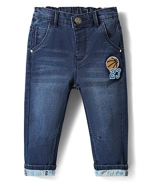Babyhug Denim Full Length Jeans With Text Embroidery - Navy Blue