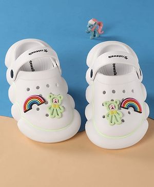 Cute Walk by Babyhug Back Strap Closure Clogs With Rainbow & Teddy Bear Applique - White