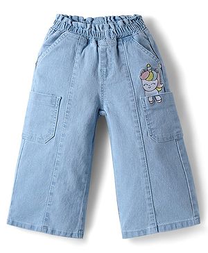 Babyhug Denim Full Length Washed Jeans With Stretch & Unicorn Print - Blue