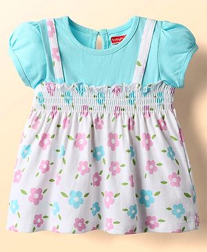 Babyhug Single Jersey Knit Half Sleeves Frock With Floral Print & Smocking Detail - White & Light Blue