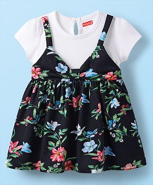 Babyhug Cotton Knit Half Sleeves Floral Printed Frock -White & Black