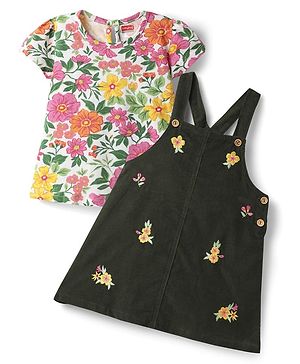 Babyhug Cotton Knit Frock & Half Sleeves Inner Tee With Floral Print & Embroidery - Dark Green