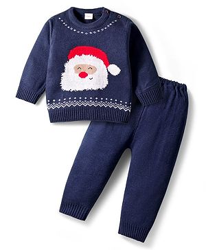 Babyhug Knit Full Sleeves Sweater Set with Santa Design - Navy Blue